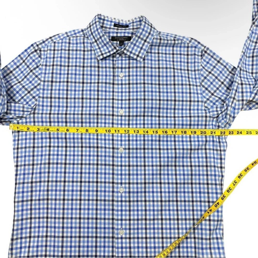 Banana Republic Grant Fit Blue Plaid Button Down SzL Non Iron Cotton Stretch